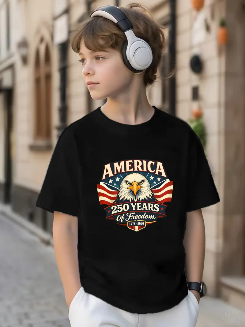 

American Independence Day 250th Anniversary Print Short-Sleeved T-Shirt - Perfect For Children's Casual Sports And Daily Wear