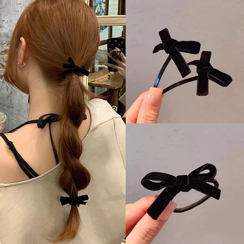 1/2pcs Vintage Black Small Velvet Bow Hair Clip For Women Girls Wedding Long Ribbon Korean Hairpins Barrette Hair Accessories