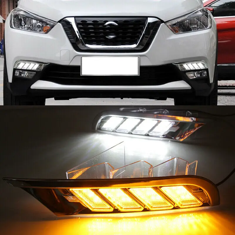 Enquêter de jour DRL à LED pour Nissan Kicks, clignotant, antibrouillard, blanc ambre, voyants, accessoires de voiture, 2016-2020