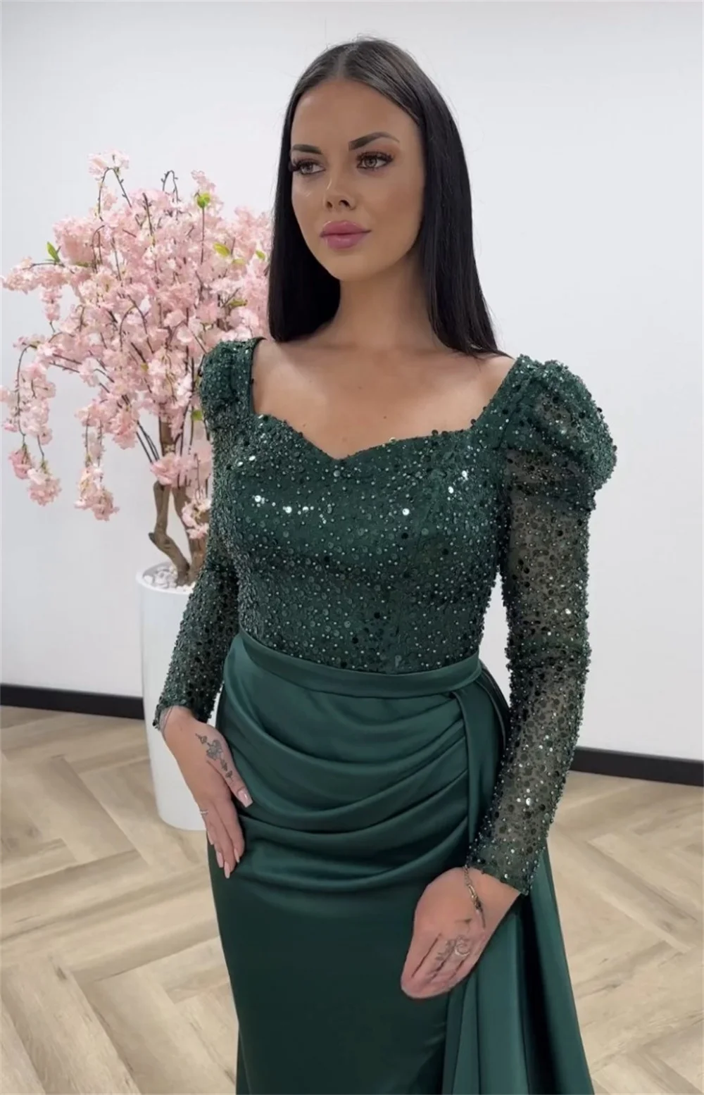 Amanda Glitter Satin vestidos de noche Shiny Sequins Mermaid Prom Dresses Elegant Long Sleeves Floor-Length Pleat Formal Evening