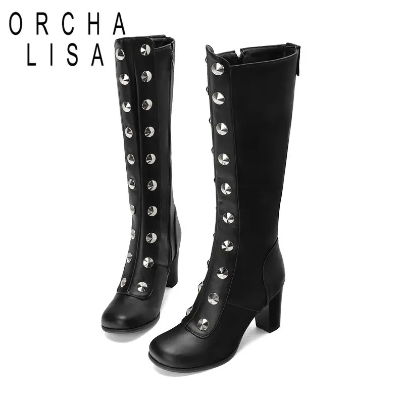 

ORCHA LISA Горячие женские сапоги до колена с круглым носком на толстом каблуке на молнии, большой размер 44 45 46, сексуальные банкетные высокие зимние черные сапоги для свиданий