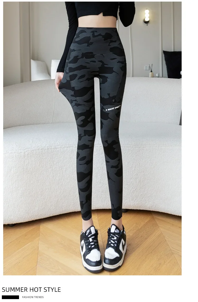 Frauen Camo Shark Hosen Hohe Taille Tasche Leggings Große Größe Dehnbare Casual Hosen Mode Dünne Yoga Fitness Hosen – Detail 22