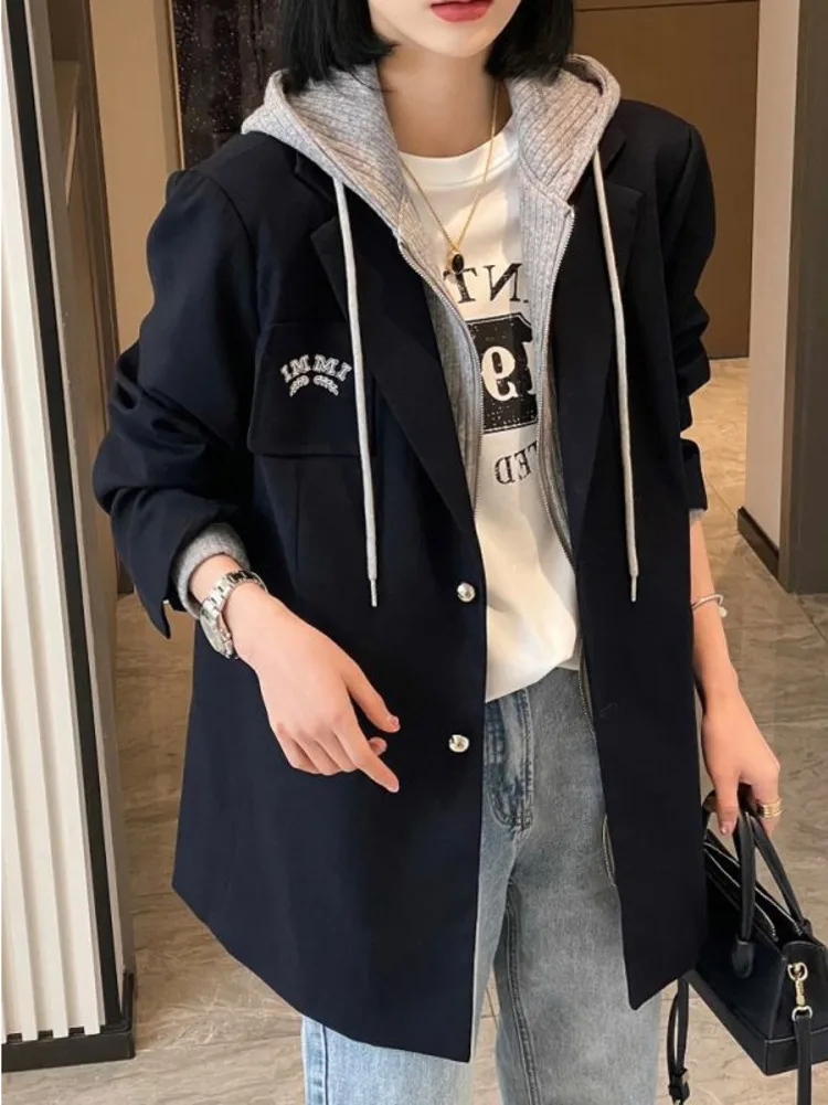 Marynarka damska marynarka z kapturem 2023 damski, wiosenny jesienna luźna w stylu Retro w stylu Casual, cienka marynarka biurowa, damska francuski