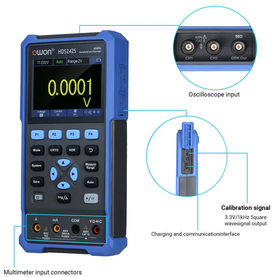 OWON HDS242S oscilloscopio digitale portatile 2 canali 40MHz 250 MS/s