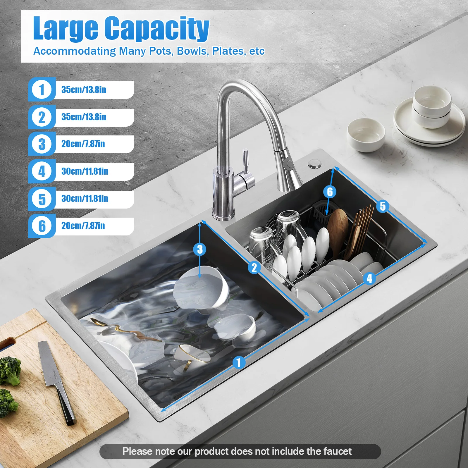 Kitchen Sink 2 Silver Sinks Stainless Steel with Drain Basket and Drainer Set Large Basin 30L Small Basin 23L  78*43*21cm