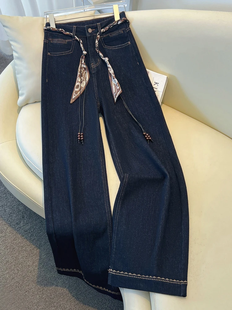 

2026 Autumn New Denim Blue Wide Leg Women's Jeans Super Popular Pants with Silk Scarf Belt Fashion Straight Trousers