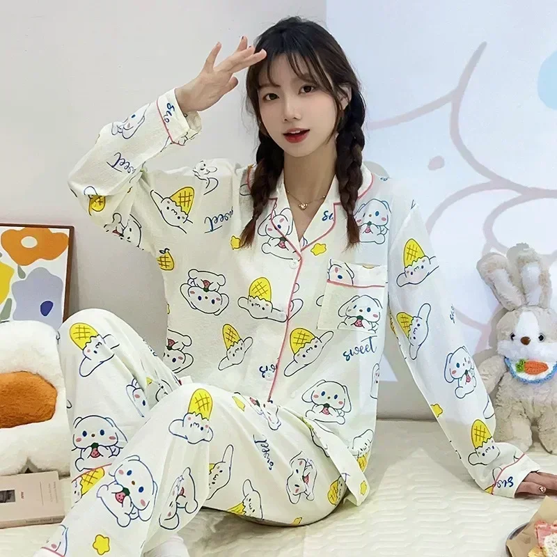 Sanrio Kuromi Cinnamoroll Women\'s Pajamas Set Anime Pochacco Long Sleeved Set Ventilate Soft Kawaii Cartoon Print Clothes