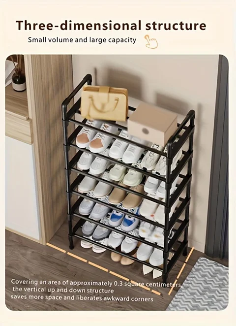 Mehrstöckiges Schuhregal aus Metall, stapelbarer Organizer, freistehend, schwarz, platzsparende Aufbewahrung für Schrank, Schlafzimmer, Innen- und Außenbereich – Detail 8