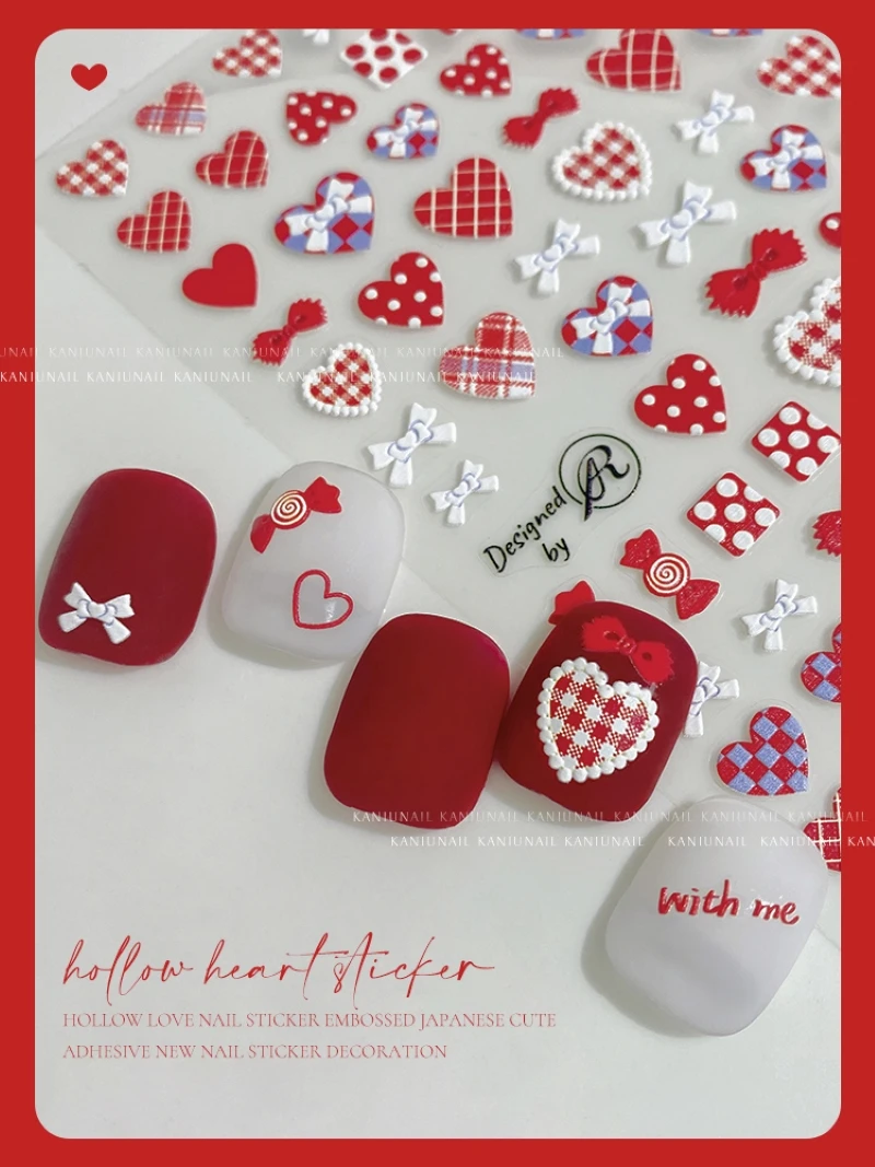 

3D Romantic Nail Sticker Red White Love Heart Bow Chinese Pattern Self-Adhesive Ultra-Thin Decal Design Nail Art Decoration