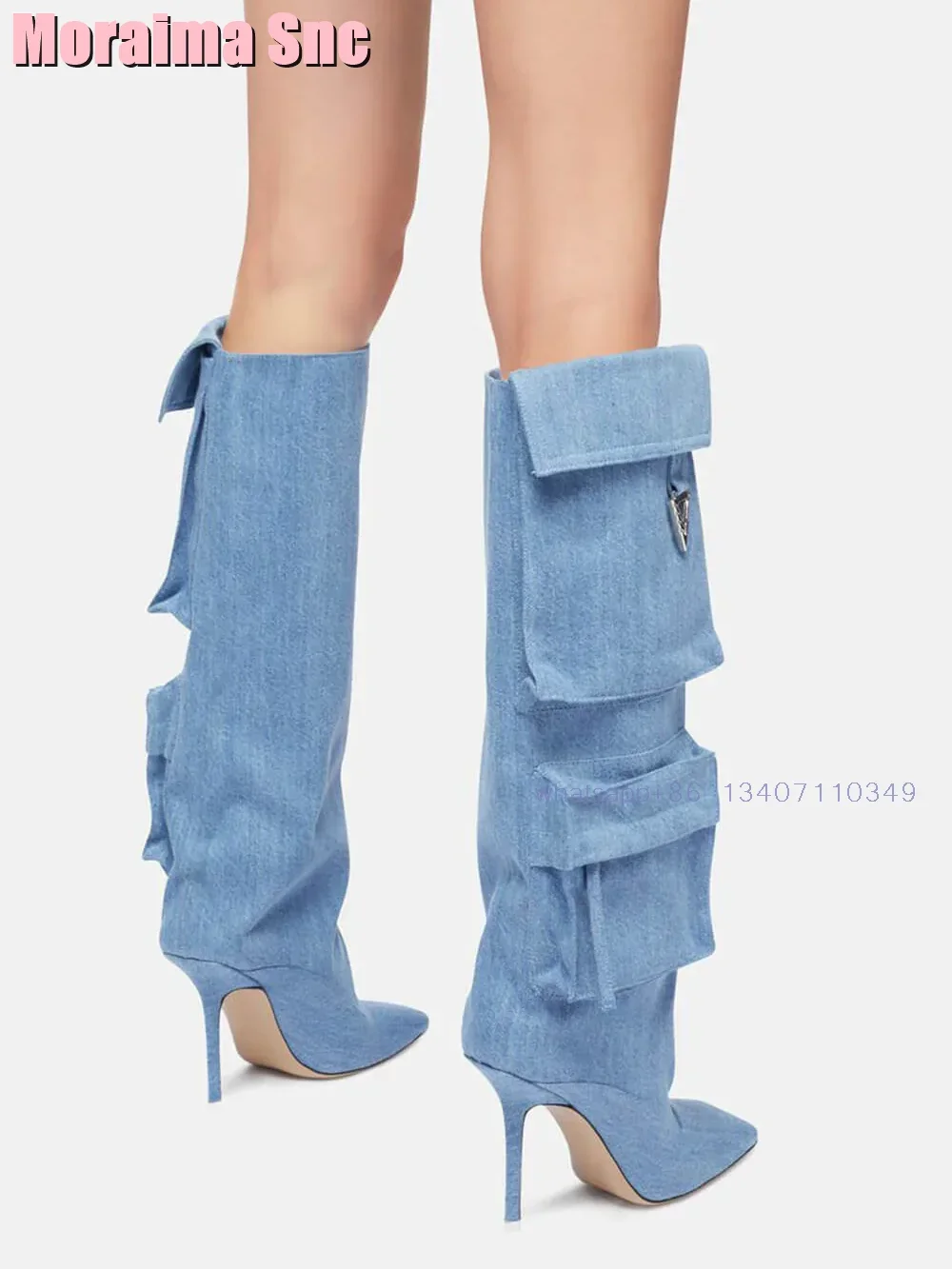 Denim Flap Pocket Embellished Knee-High Boots Square Toe Stiletto Heeled Sexy Fashion Women\'s Long Boots Slip On Autumn Winter