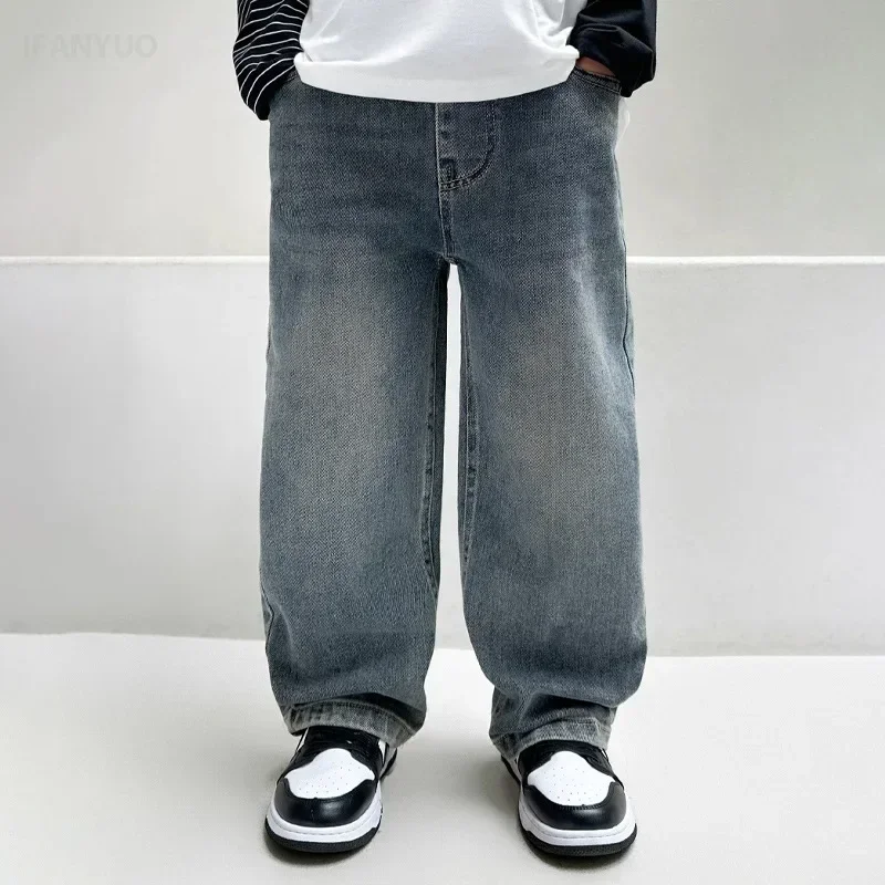 Jungen-Jeans im Street-Style 2025 – Neue Straight-Leg-Jeans für mittlere und große Kinder, stylisch, Streetwear, weiter Schnitt, 4-12 Jahre