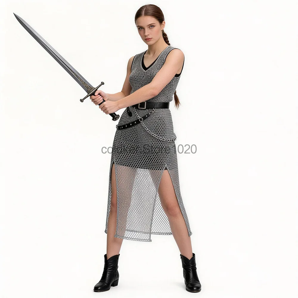 Nuevo Disfraz de Caballero Templario Medieval para Mujer, Disfraz de Fantasía Renacentista, Túnica de Plata con Efecto de Malla, Atuendo para Halloween y Carnaval