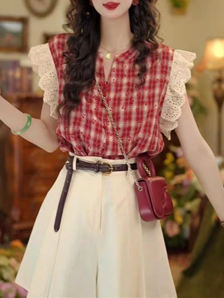 2026 Summer Casual Sweet 2 Piece Set for Women Flying Sleeve Plaid Shirt + All Match High Waist Skort Chic Daily Female Outfits