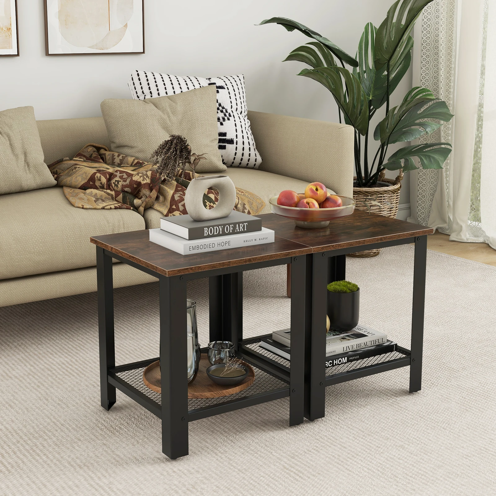 2 PCS Industrial End Table 2Tier Side Table W/ Storage Shelf Sofa Black