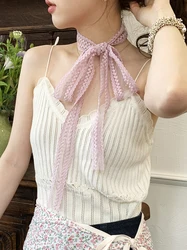Luna&Dolphin Women Lace Long Scarf 160x3cm Solid Color Bean Grenn Chiffon Silk Feeling Headbands Bag Slim Ribbon Choker Streamer