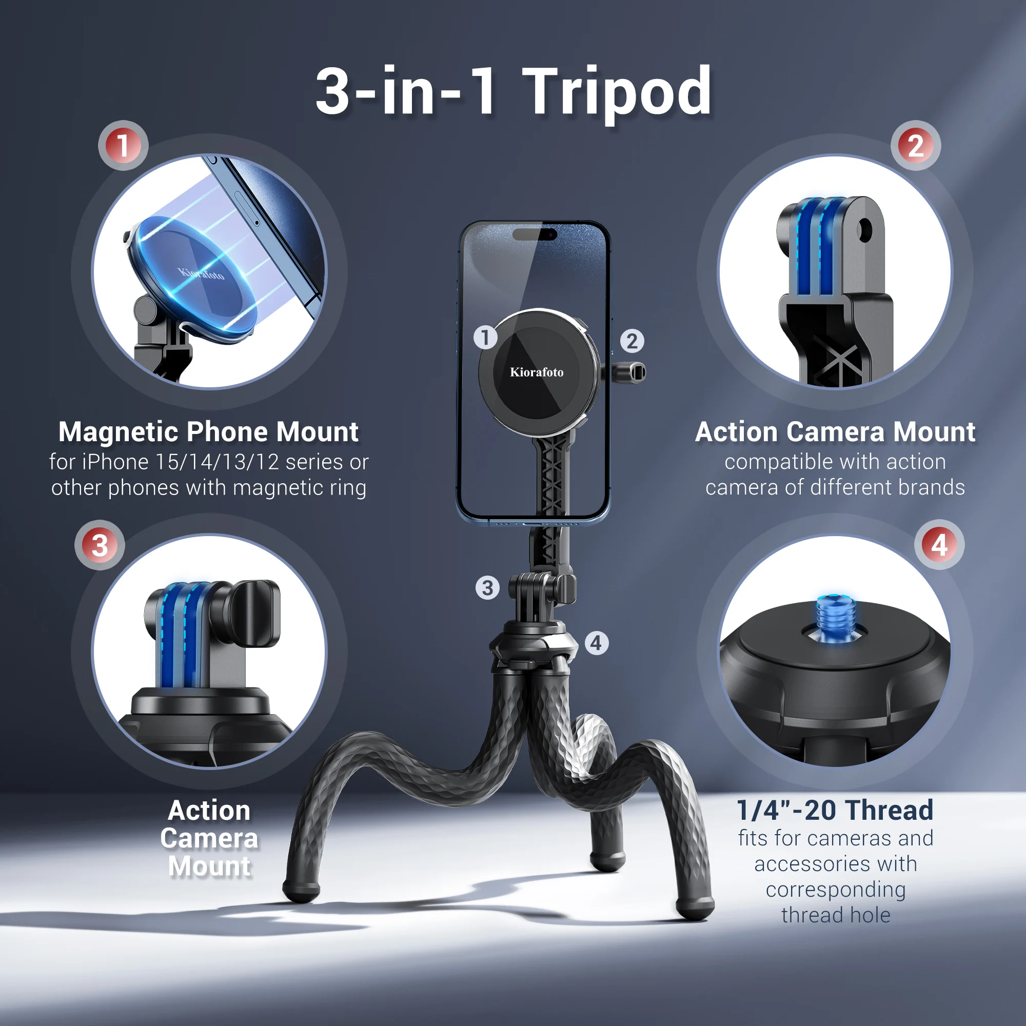 Magnetic Flexible Octopus Tripod Quick Release Adjustable Tripod Phone Holder for iPhone 16/15/14 With 1/4