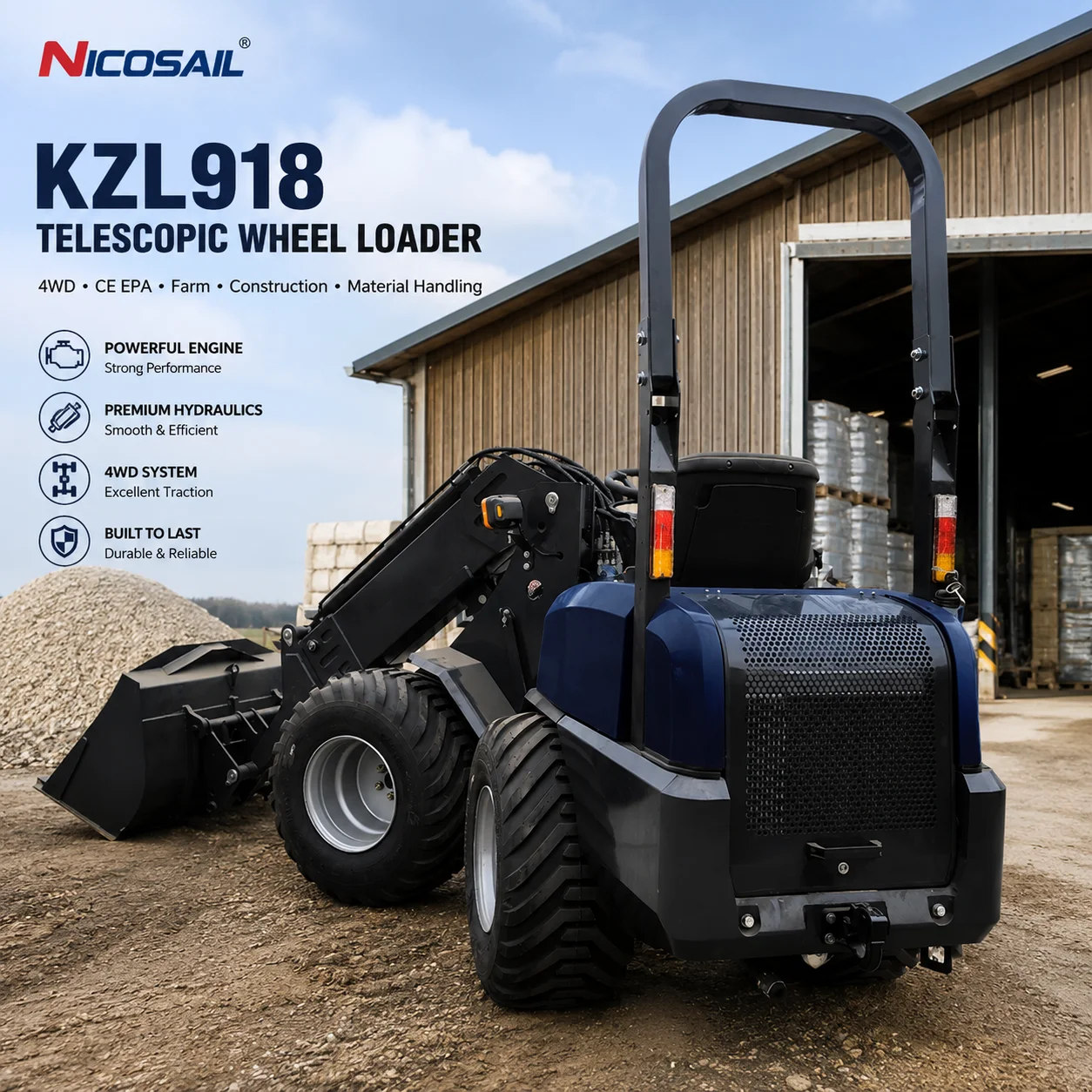 Customized KZL918 Compact Telescopic Loader Multifunctional Wheel Loader for Farm Construction Landscaping Work