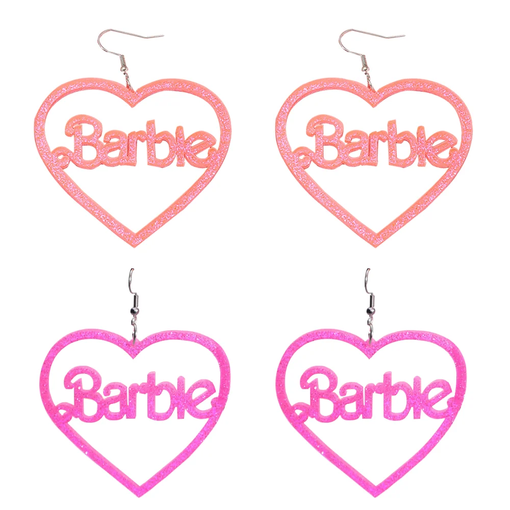 Pink Love-shaped Barbie Earrings Kawaii Barbie Letter Acrylic Pendant Jewelry for Women Girls Cute Cosplay Jewelry Accessories