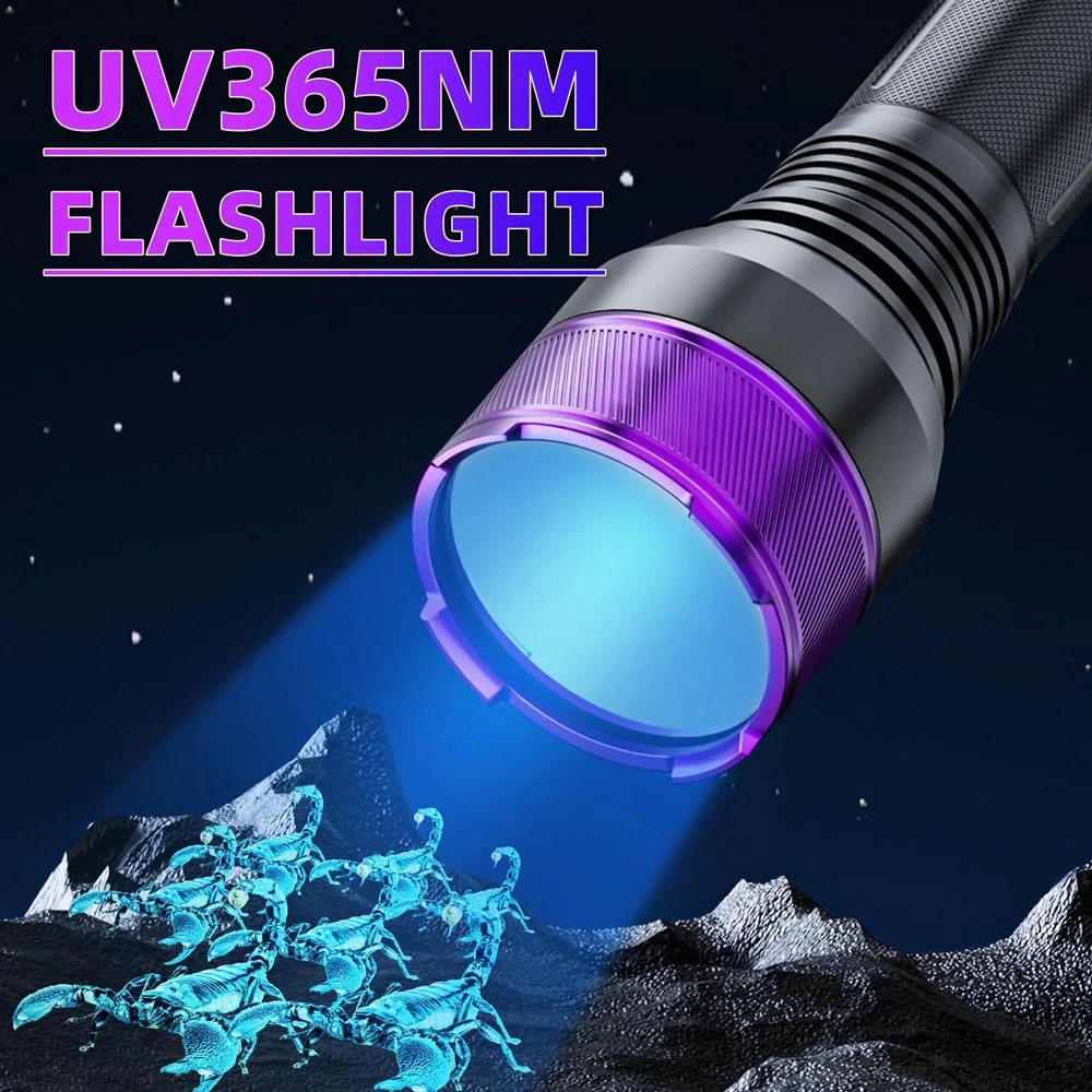 Powerful 40W 4-core 365NM UV Flashlight High Power Black Mirror Purple Light Detection Torch 21700 Rechargeable Check Lamp