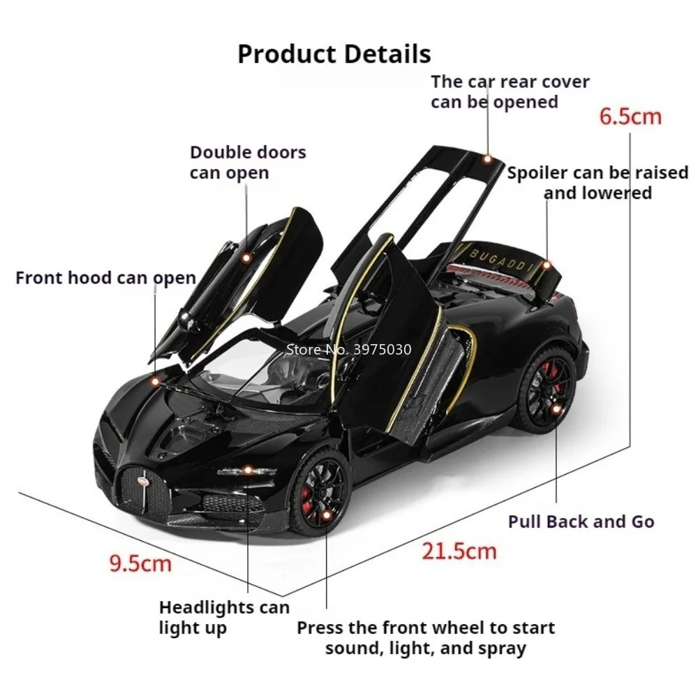 1:24 Bugatti Tourbillon Toys Cars Models with Pull Back Light Music Miniature Sports Car Can Spray Vehicle for Kids' Edutainment
