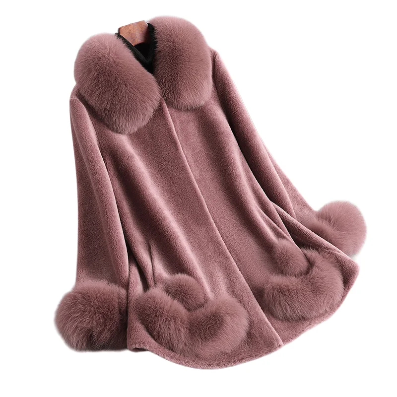 Cashmere coat for middle-aged and elderly mothers, medium-length fur coat, granular wool fox collar, fur integrated