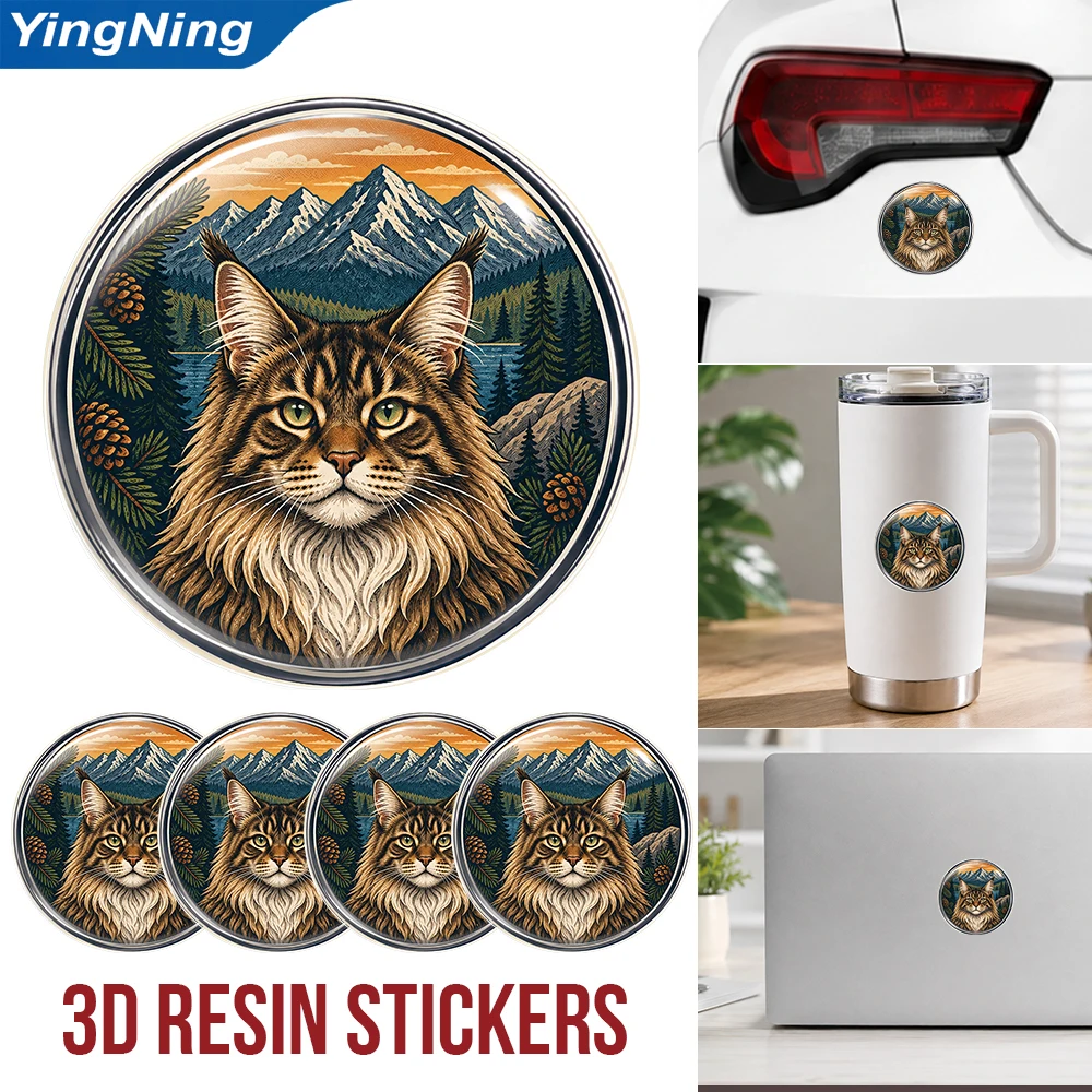 Maine Coon Cat 3D Resin Domed Sticker Round Animal Art Waterproof Decal Self Adhesive Emblem for Car Laptop Tumbler Cup Helmet