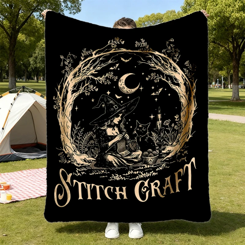 Stitch Craft Witch Flannel Blanket, Black Cat Knitting Flannel Blanket, Witchy Yarn Halloween Flannel Blanket