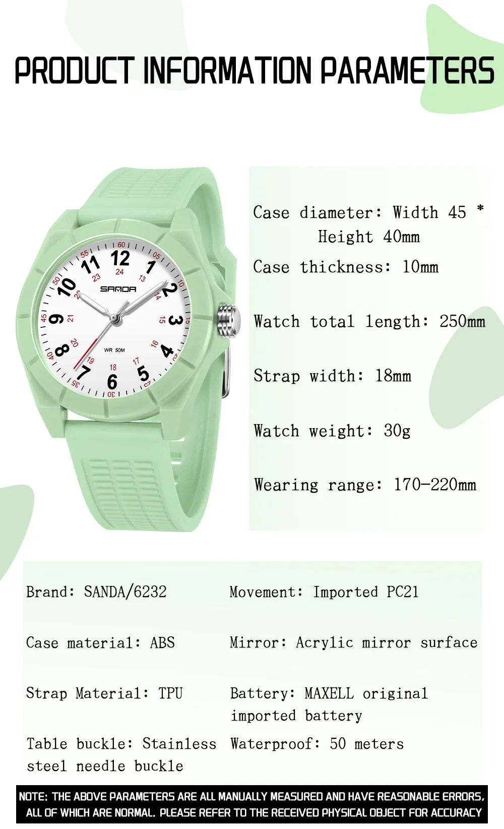 SANDA 6232 Trendy Design Soft Student Watch TPU Strap 50M Depth Waterproof Quartz Movement Children Fashion Sports Wrist Watch