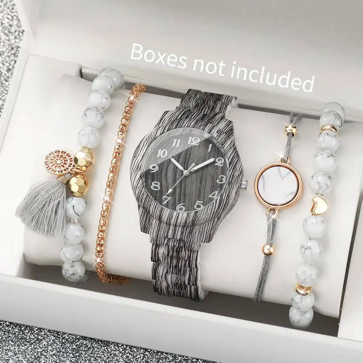 5PCS Fashion Women Watch Bracelets Set Casual Wooden Pattern Plastic Band Quartz Watch for Girls Clock Gift （Without Box）
