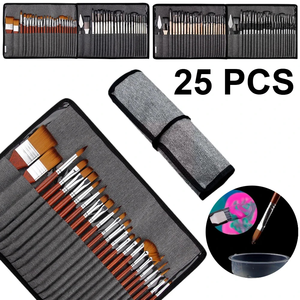 

25pcs Professional Paint Brush Set with Palette Knife and Cloth Roll Suitable for Acrylic Painting, Oil, Watercolor, Gouache