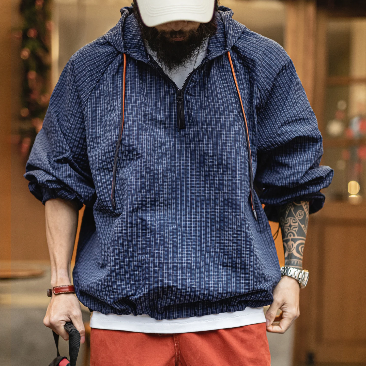 

Мужская легкая толстовка Maden из текстурированного сирсакера с молнией до середины груди, повседневная уличная одежда, синяя весенняя кофта