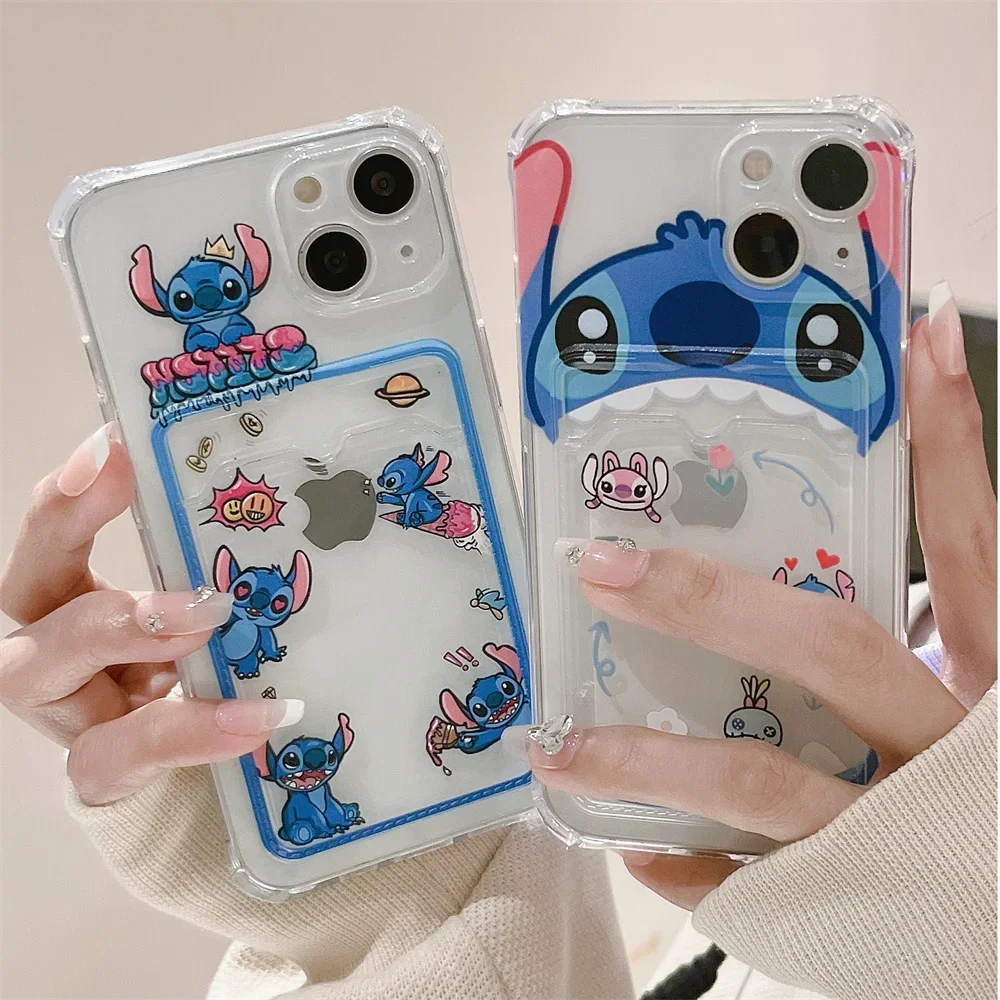 Cute Cartoon Anime Stitch etui na telefony dla IPhone 11 12 13 14 Pro Max X XR XS 7 8 Plus miękka Tpu portfel pokrywa posiadacz karty