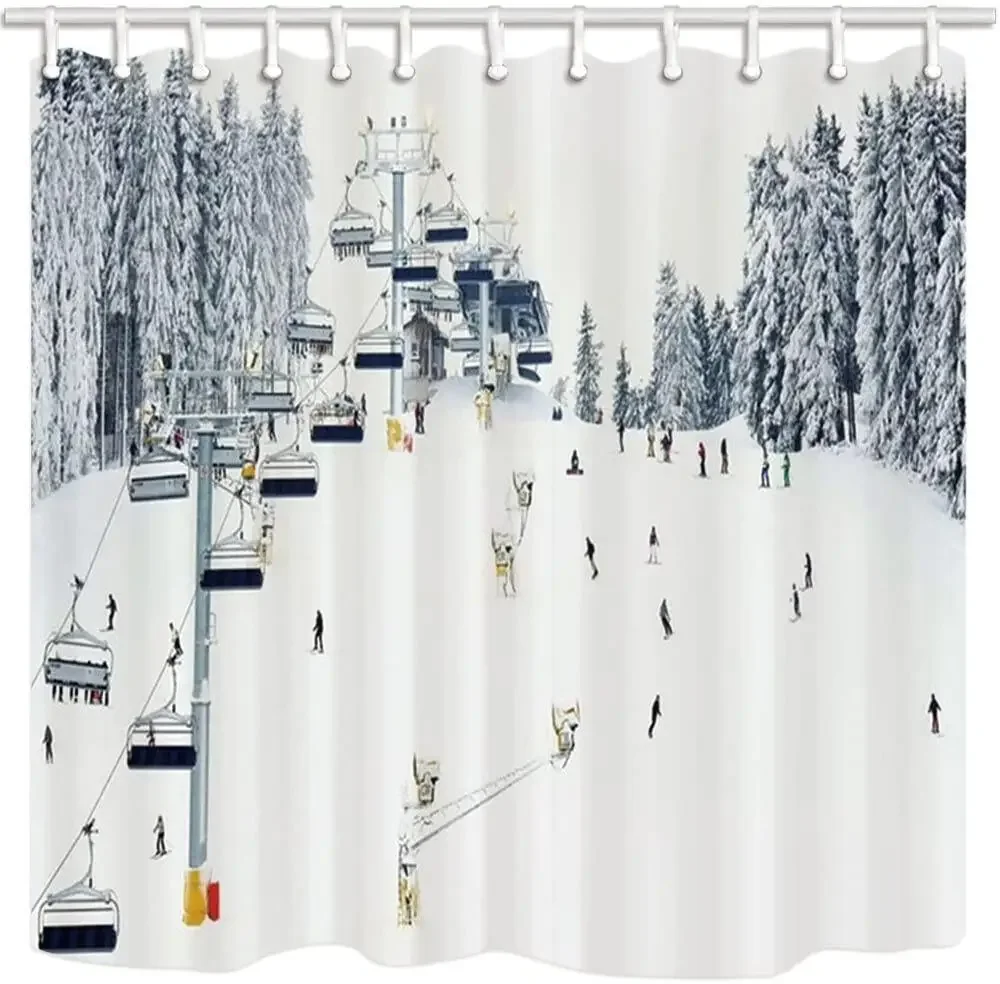 Winter Travel Snow Mountain Skiing Cable Car Polyester Fabric Snow Bath Curtain,Christmas Bathroom Shower Curtains with Hooks