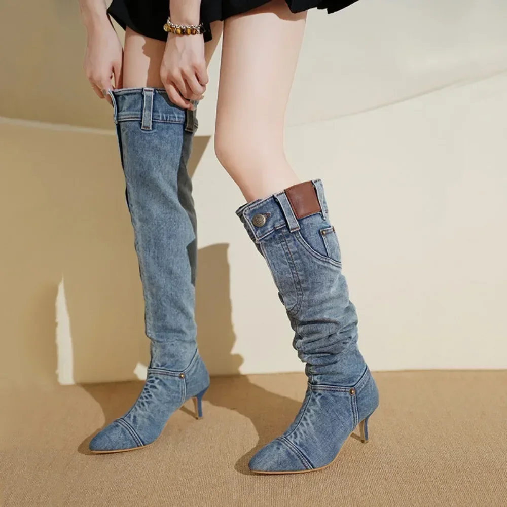 Thigh High Boots 2024 Vintage Denim Boots for Women with Slim Heels Pointed Toe Long Boots Womens Shoes Jean Shoes for Women