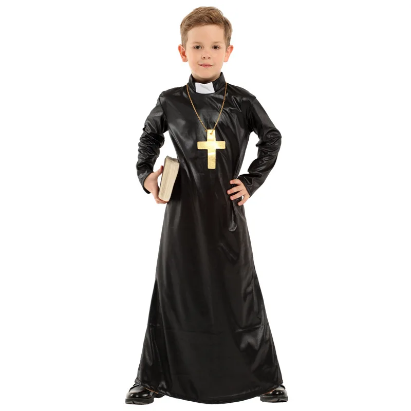 Halloween Purim Boy Minister Priest Father Costume Christianity Jesus Priest Cosplay Outfit Child Kid Long Robe Fancy Dress