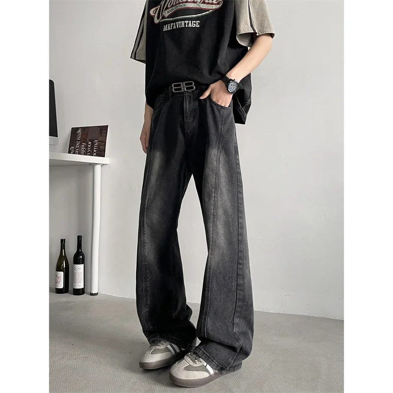

Black Loose Straight Leg Jeans Men's High Street Retro Trendy American Washed Casual Loose Wide Leg Long Pants