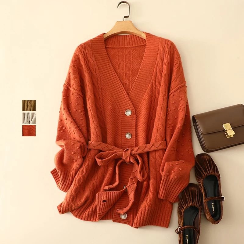 

masigoch europe winter new thick cable knitted pom pom trendy outerwear 7gg luxury 100% cashmere cardigan coat with belt