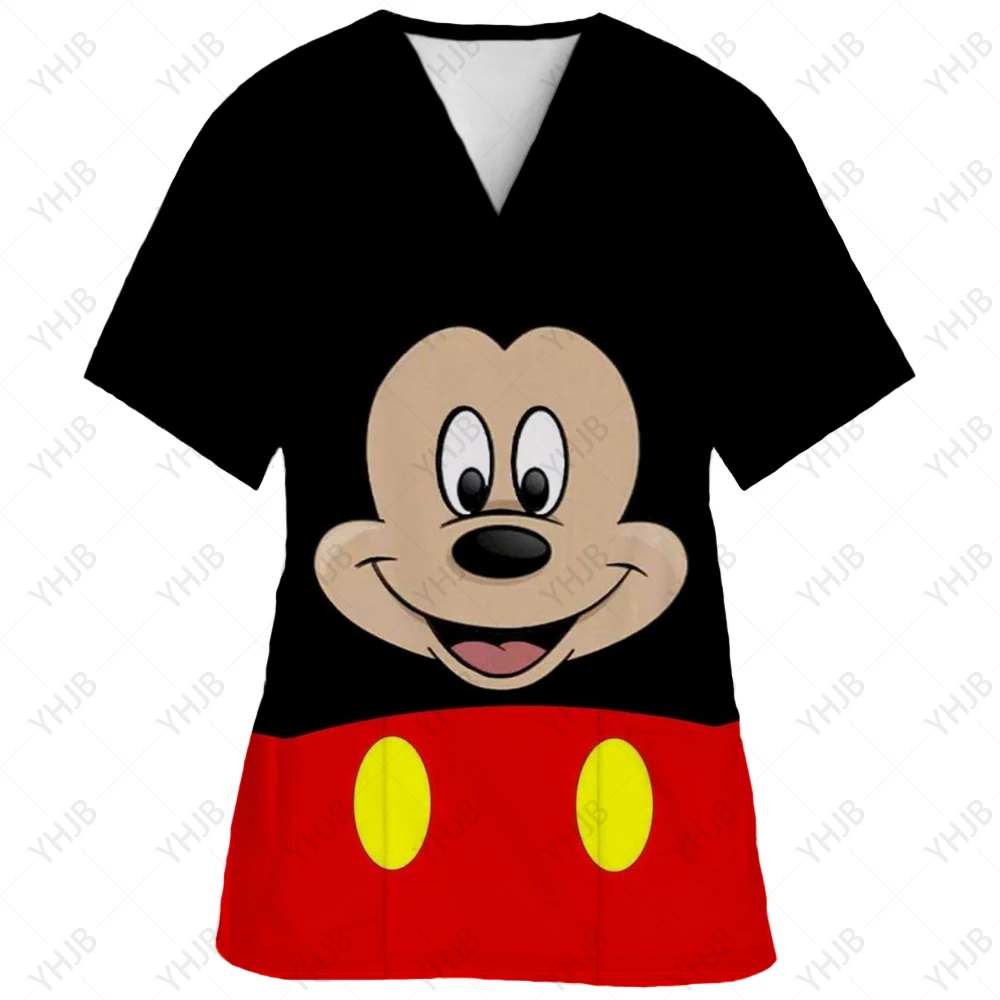 Disney-Women\'s Minnie Mickey Print Nursing Scrubs T-Shirt, Casual Tops, Short Sleeve, V-neck Pocket, Women Uniform