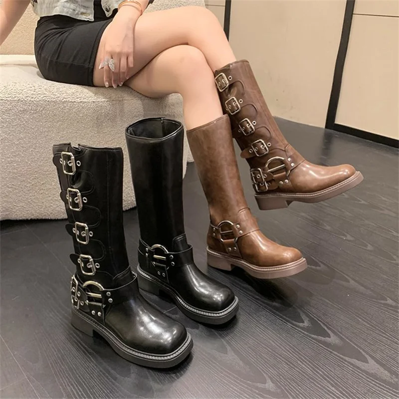 

2023 Vintage Women's Boots Leather Thickened Heel High Sleeve Boots Square Headed Knight Boots High Sleeve Fashion Boots