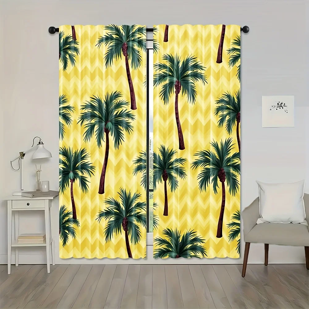 2pcs Modern Tropical Palm Tree Polyester Curtains - Translucent, Light Filtering, Rod Pocket Design, Machine Washable for Bedroo