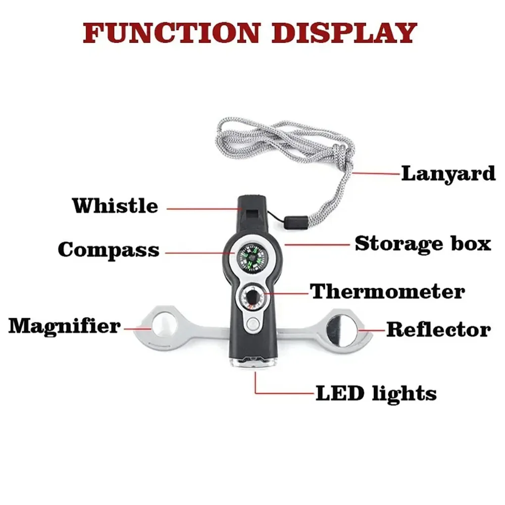 Whistle Outdoor Survival Emergency Tools 7 in 1 Multifunctional LED Light Camping Hiking Whistle Compass Thermometer Magnifier