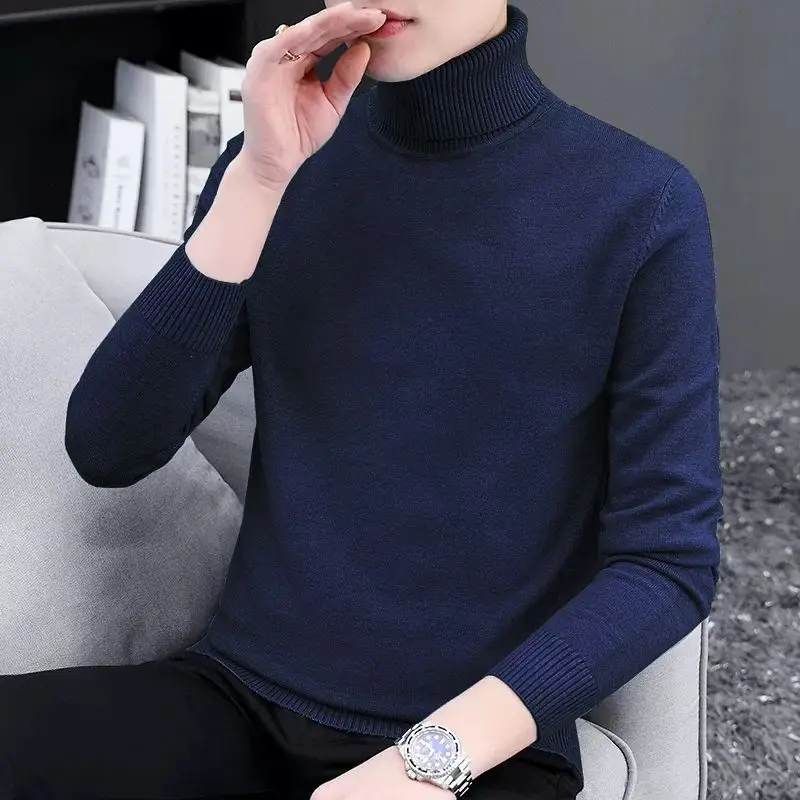 Knitted Pullovers Men Thicken Simple Mock Neck Korean Fashion All-match Basic Slim Warm Y2k Sweaters Streetwear Harajuku Chic