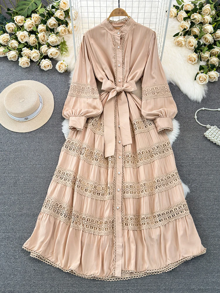 

Spring Autumn Women's Standing Collar Long Sleeved Dress New Indie Folk Style Lace Patchwork Waist Cinching Long Swing Dress D82