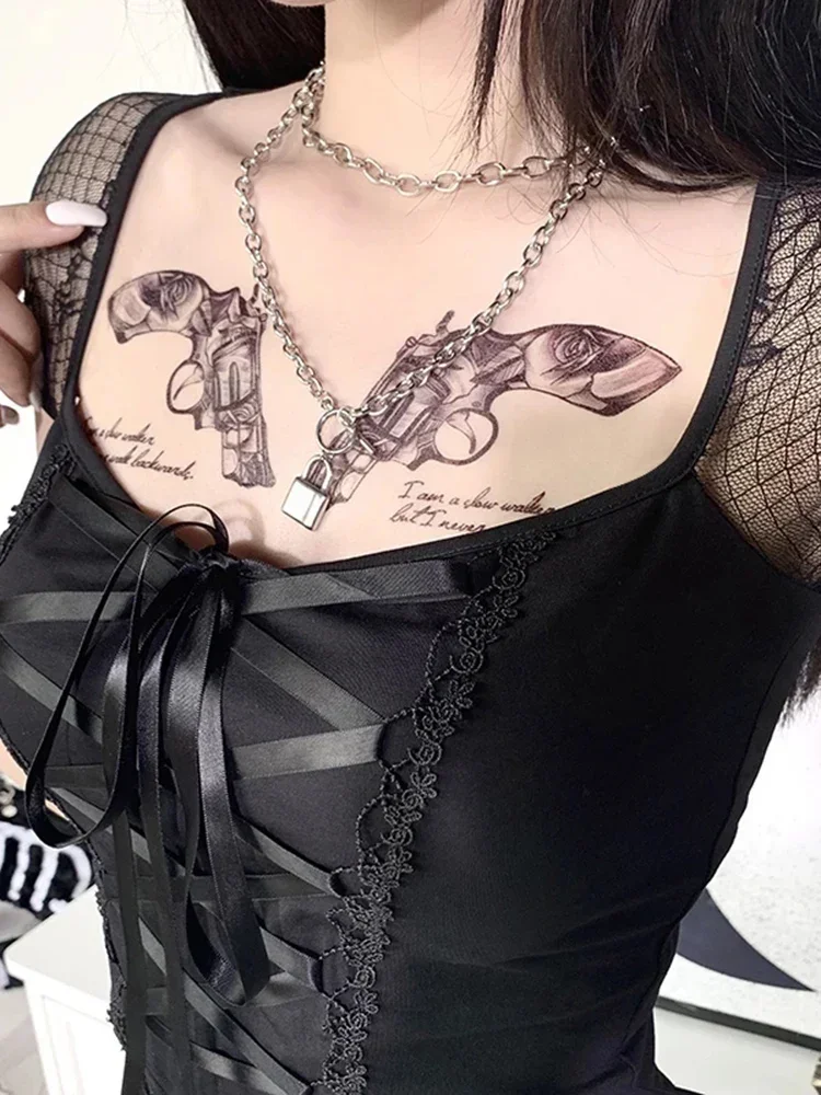 

Women's Vintage Gothic T-shirt Bodycon Bandage Lace Black Mesh Top Sexy Casual Gothic Streetwear Female Top
