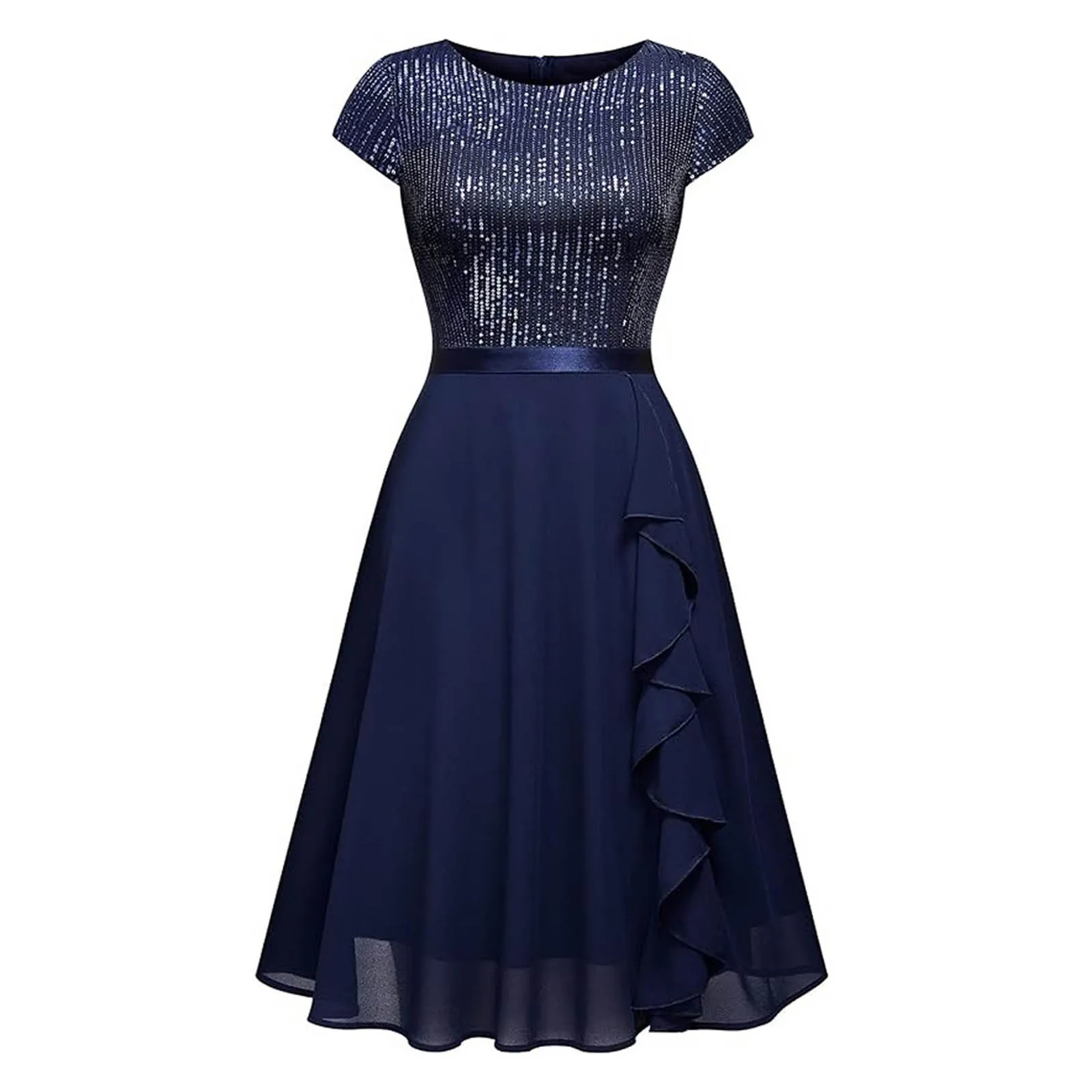 Elegante Partykleider für Frauen, Pailletten-Spitze-Chiffon-Kleid, Abendpartykleid, V-Ausschnitt, kurze Ärmel, Spitzen-Chiffon-Kleid