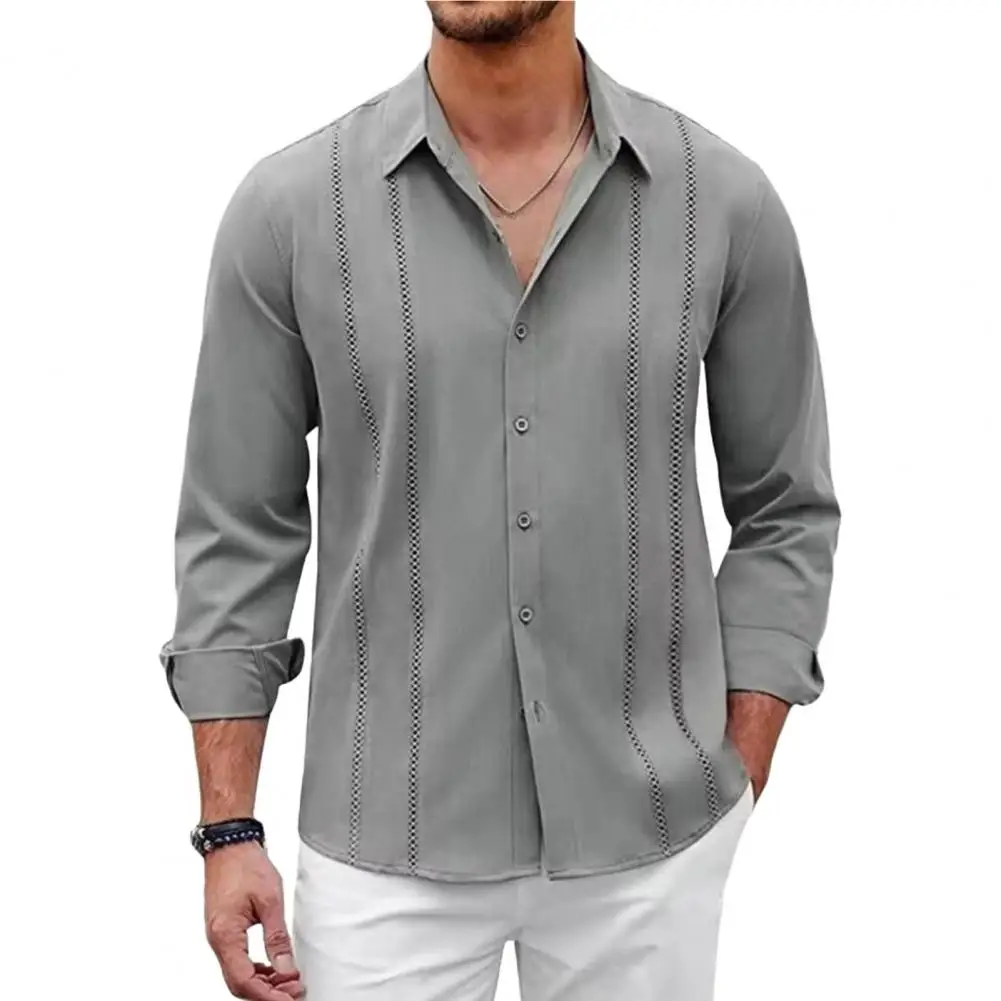 

Solid Color Men Shirt Retro Mid-length Men's Cardigan with Turn-down Collar Single-breasted Design Casual Daily Wear for Fall