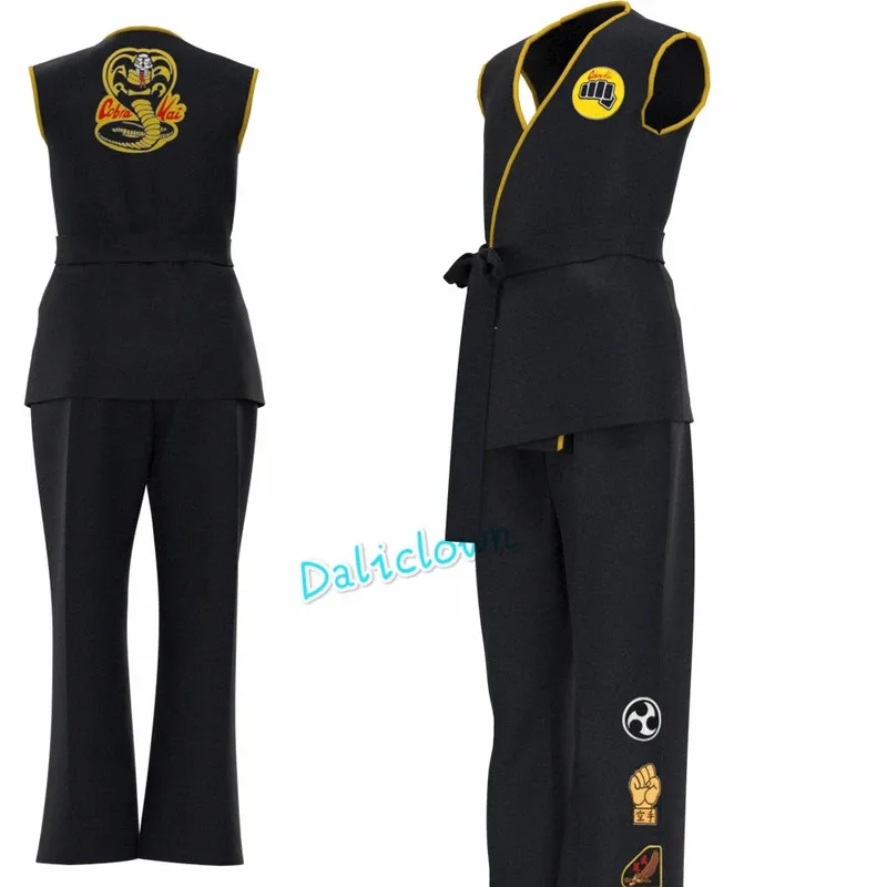 CyThe Karate Kid Daniel LaRusso Johnny Lawrence uniforme de Karate negro diadema Cobra Kai disfraz de Cosplay para niños adultos