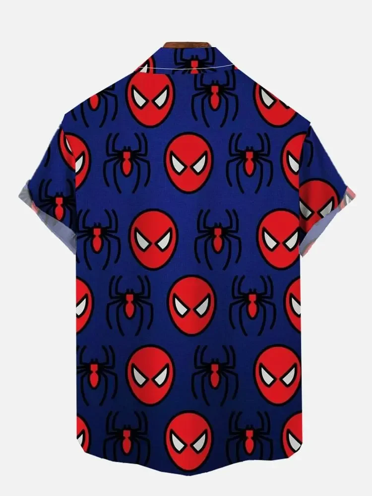 Gradient Blue Halloween Spiders Pattern Printing Breast Pocket Short Sleeve Shirt Fashion Trend Breathable Loose Versatile