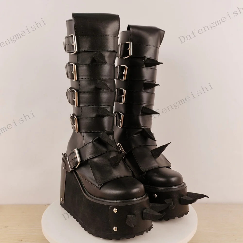 Women Gothic Black Knee High Boots Multi Metal Buckle Rivet Decor Round Toe Platform Wedge Punk Cosplay Mid Calf Boots