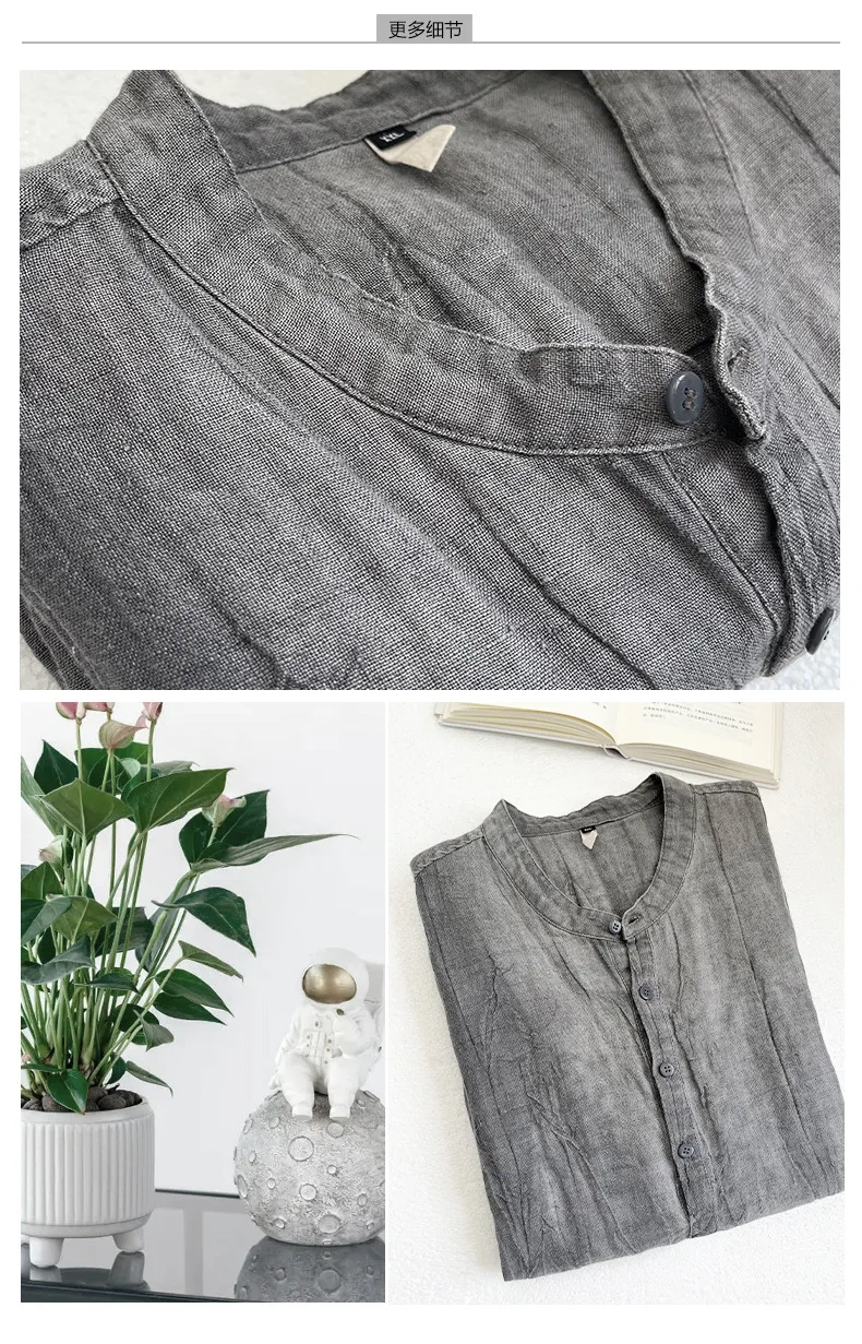 Blouse men 2026 casual New summer solid-color cotton linen short-sleeved loose button v neck shirt men's clothing